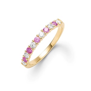 Pink Sapphire Diamond Ring, Natural Diamond Sapphire Alternating 2mm Band, 14k Gold Band Micro Pave Half Eternity Wedding Stack Ring For Her