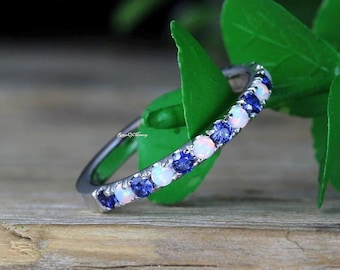 Natural Opal Tanzanite Band Ring, Half Eternity Band, Opal Wedding Band,  Dainty Opal Ring, October Birthstone Ring, Anniversary Gift Ring
