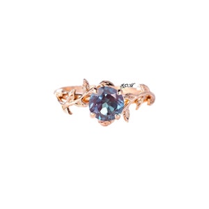 Alexandrite Ring, Alexandrite Wedding Ring, 14k Rose Gold Ring, Vintage Ring, Nature Inspired Leaf Ring, Round Gemstone Ring, Gift For Women
