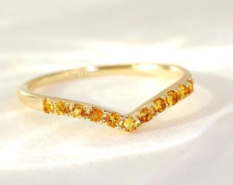 Citrine Curve Wedding Band, 14k Gold Band, Vintage Curve  Band, V shape Stacking Matching Band, Art Deco Band, Custom