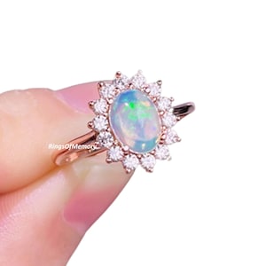Natural Opal Ring, 14k Gold Band, Fire Opal Wedding Ring, October Birthstone, Stacking Ring, Halo Opal Ring, Engagement Ring, Women&#39;s Ring