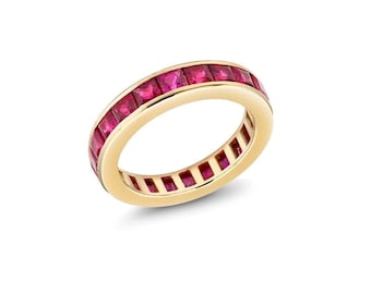 Ruby Wedding Band, 14k Yellow Gold Band, Ruby Eternity Band, July Birthstone, Stacking Ring, Matching Band, Engagement Ring, Gift For Her