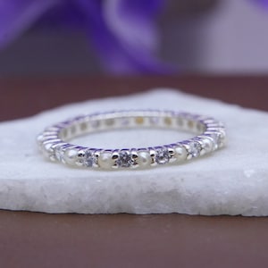 Pearl & CZ Diamond Wedding Ring, Sterling Silver Band, June Birthstone, Pearl Full Band For Women, Pearl Stacking Band, Pearl Promise Ring