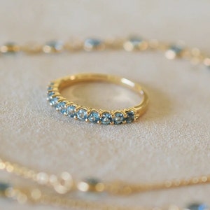 Blue topaz wedding band, Half eternity band, 14k gold band, Stacking matching band, November birthstone, Anniversary ring, Gift for her