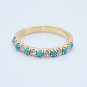 Turquoise Wedding Band, 14k Gold Turquoise Band, Turquoise Half Eternity Band, Stacking Band, Vintage Band, Matching Band, Anniversary Gift,