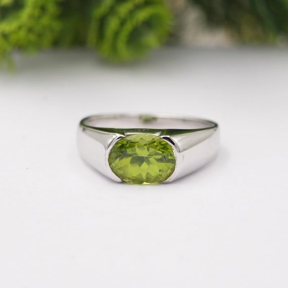 Bague En Argent Massif Avec Péridot Naturel - Taille 59, Pierre Ovale 21x16 Mm, Fabrication Française
