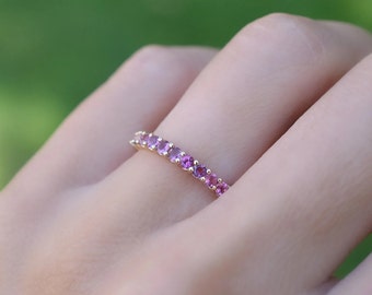 Pink Tourmaline Wedding Band, Half Eternity Band, Natural Tourmaline Stacking Band, Matching Band Anniversary Ring, Gift For Her