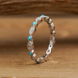 Turquoise Vintage Stacking Band, Silver Wedding Band, Full Eternity ...