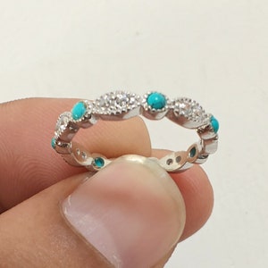 Turquoise Vintage Stacking Band, Silver Wedding Band, Full Eternity Band, Natural Turquoise Art Deco Band, Anniversary Gift Ring For Her