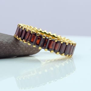 Garnet Wedding Band, 14K Gold Garnet Full Eternity Band, Baguette Cut Garnet Band, Dainty Ring, Stackable Ring, Anniversary Gift For Her