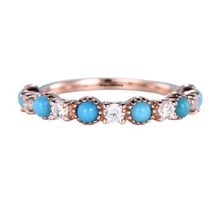Turquoise Wedding Band, 14k Rose Gold Band, Half Turquoise Eternity Band, Vintage Turquoise CZ Diamond Ring, Stacking Ring, Birthstone Ring