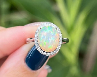 Oval Opal Ring, Vintage Opal Wedding Ring, White Opal Silver Jewelry, Fire Opal Ring, Women&#39;s Opal Ring, October Birthstone, Promise Ring