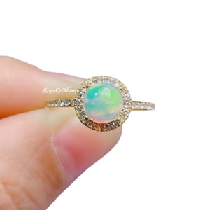 Opal Ring, Opal Wedding Ring, 14k Gold Band, October Birthstone, Dainty Opal Ring, Statement Ring, Halo Opal Ring, Engagement Promise Ring