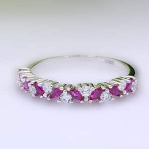 Ruby Band, Ruby Wedding Band, Ruby Half Eternity Band, Stirling Silver Band, Marquise Ruby Stacking Band, Anniversary Ring, Gift For Women