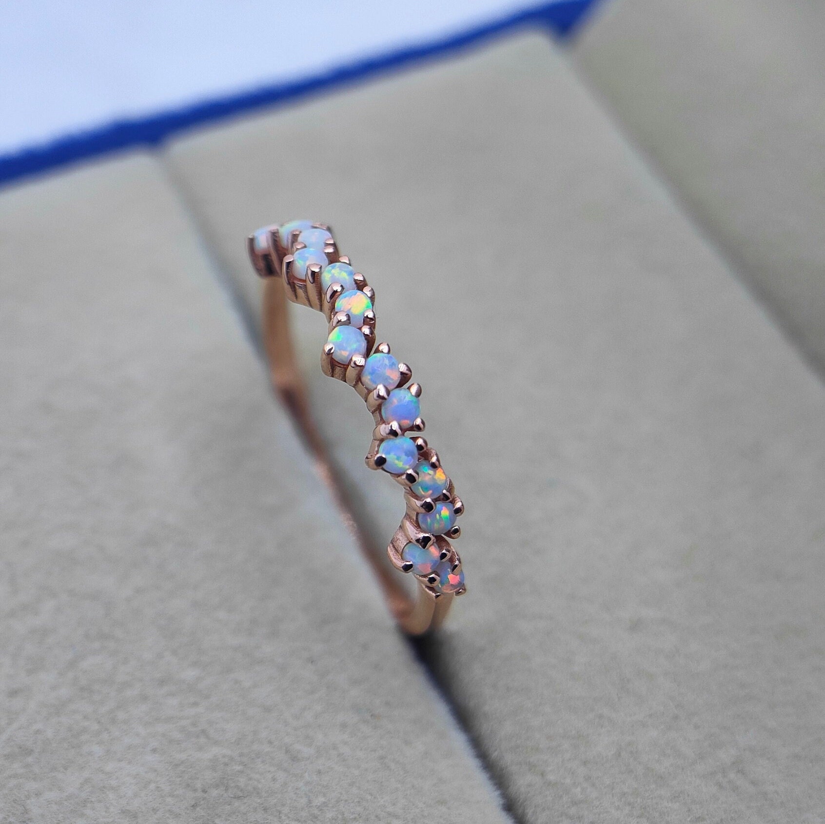 Opal Ring, Vintage Opal Band, Opal Wedding Band, 14k Rose Gold Opal Ring, Dainty Opal Ring, October Birthstone Ring, Matching Band