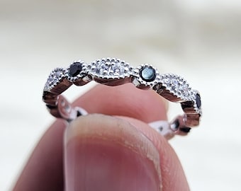 Black Spinel Wedding Band, 925 Sterling Silver Band, Stackable Ring, Vintage Band, Spinel Full Eternity Band, Anniversary Gift Ring For Her