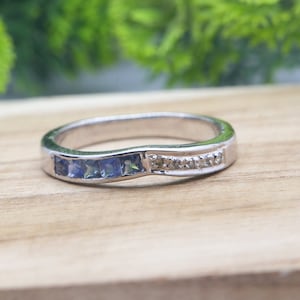 Sapphire and Diamond Curve Wedding Band, Channel Set Sapphire Half Eternity Ring, Sterling Silver, Stackable Band Ring, Christmas Gift