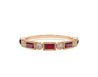 Natural Garnet Wedding Band, Garnet Half Eternity Band, 14k Gold Ring, Stacking Band, Matching Band. Vintage Ring, Anniversary Gift For Her