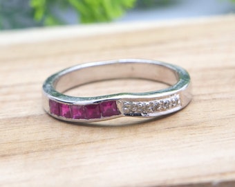 Vintage Sterling Silber Rubin Diamant Ehering: Juli Geburtsstein Ring