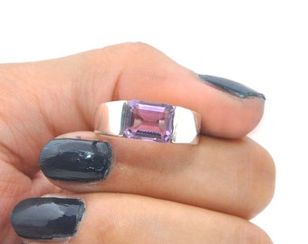 Sterling Silver Amethyst Ring: Rectangle Gemstone, February Birthstone