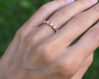Natural Citrine Diamond Ring, Citrine Wedding Band, Vintage Band, 14k Gold Citrine Ring, Dainty Citrine Ring, November Birthstone, Gift Her