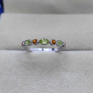 Peridot Citrine Engagement Ring, Sterling Silver Rand, Half Eternity Ring, Stacking Band Promise Ring Wedding Band, Anniversary Gift For Her