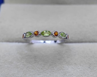 Bague de fiançailles péridot citrine, argent sterling rand, demi-bague d&#39;éternité, alliance avec anneau empilable, cadeau d&#39;anniversaire pour elle