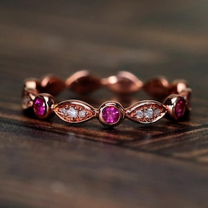 Ruby & Diamond Wedding Ring, 14k Gold Band,  Ruby Eternity Diamond Band, Stacking Matching Band, July Birthstone Ring, Anniversary Gift Ring