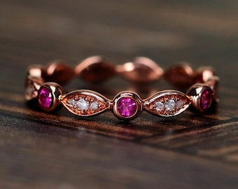 Ruby & Diamond Wedding Ring, 14k Gold Band,  Ruby Eternity Diamond Band, Stacking Matching Band, July Birthstone Ring, Anniversary Gift Ring