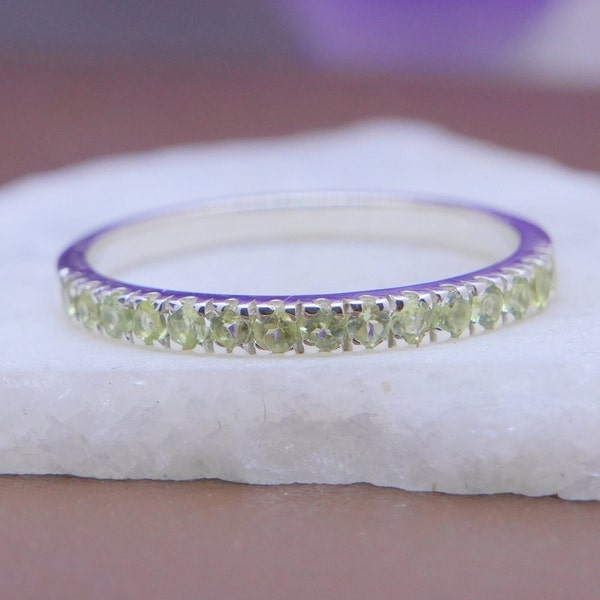 Peridot Band, Half Eternity Band, Sterling Silver Band, Peridot Wedding Band, Stacking Band, August Birthstone, Anniversary Gift For Her