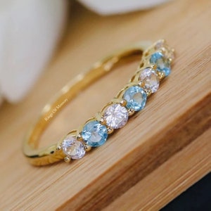 Swiss Blue Topaz and Moissanite Ring, 14k Gold Ring, Half Eternity Ring, Vintage Ring, Unique Gemstone Ring, Anniversary Gift For Her
