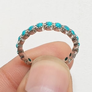 Turquoise Full Eternity Band, Silver Wedding Band, Matching Stacking Band, Natural Turquoise Art Deco Band, Anniversary Gift Ring For Her