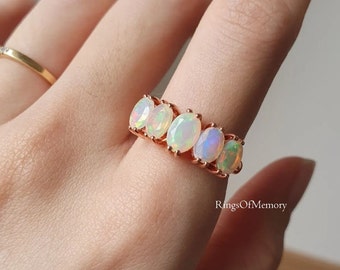 Natural Opal Ring, Vintage Opal Band, Opal Wedding Band, Rose Gold Opal Ring, Oval Cut Opal Ring, October Birthstone Ring, Gift For Her