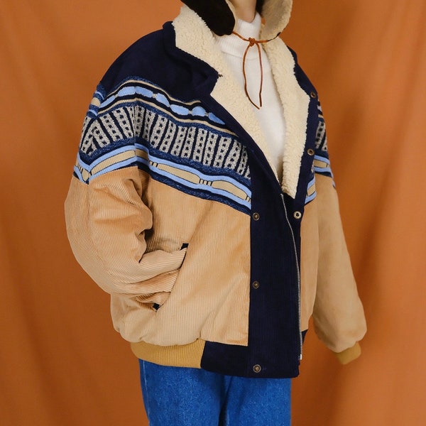 Aztec Navajo jacket, Southwestern Sheepskin coat, Bomber Corduroy Jacket, Fur shearling coat, Corduroy Winter Jacket, Unisex Sherpa Coat