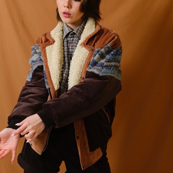 Aztec Navajo jacket, Southwestern Sheepskin coat, Size 44, Bomber Corduroy Jacket, Fur shearling coat, Corduroy Winter Jacket, Sherpa Coat
