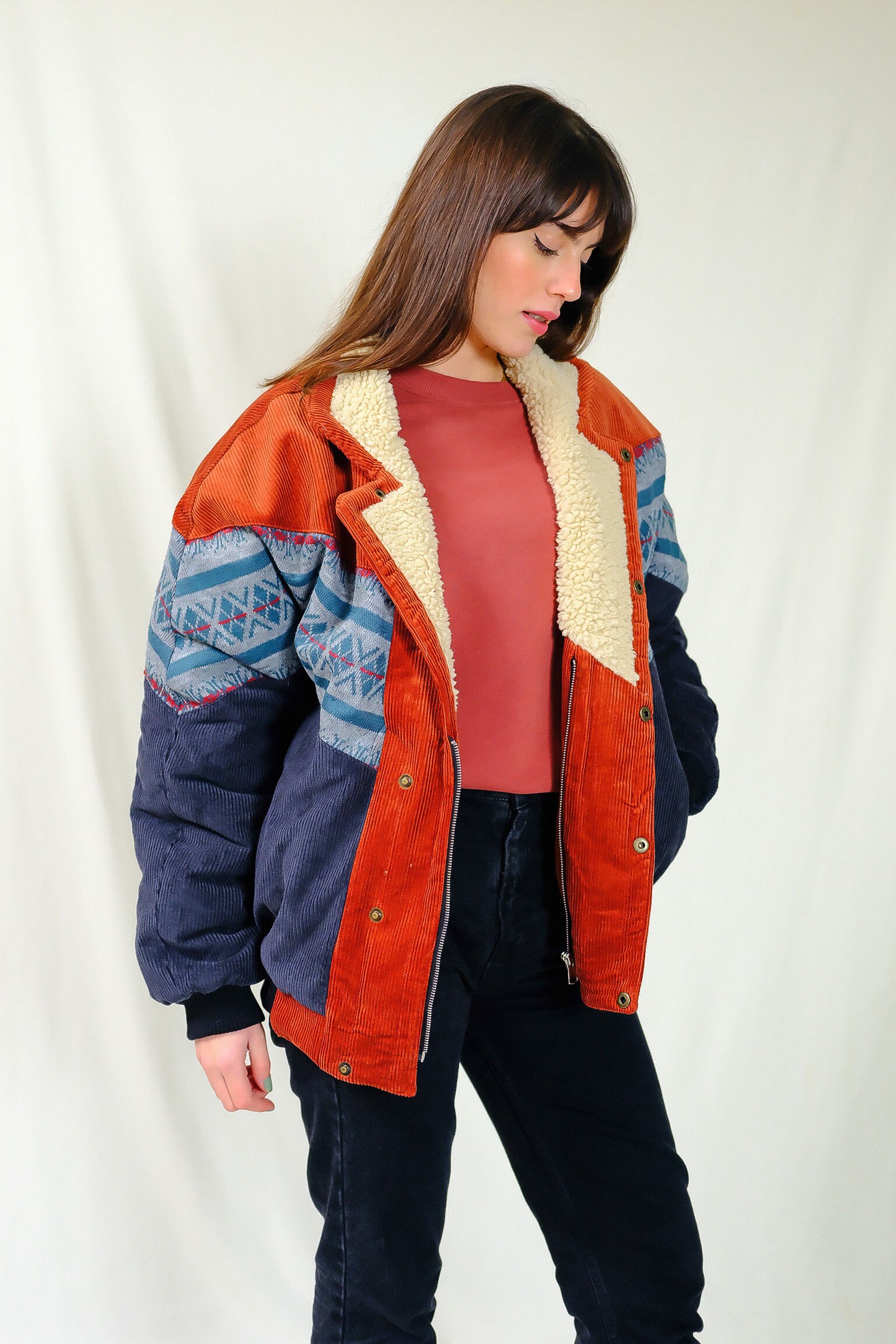 Aztec Navajo Jacket, Southwestern Sheepskin Coat, Size 50, Bomber Corduroy Jacket, Fur Shearling Coat, Corduroy Winter Jacket, Sherpa Coat