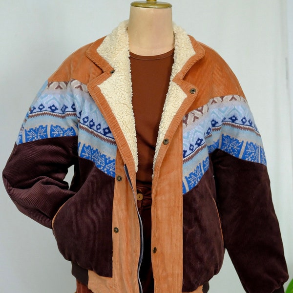 Aztec Navajo jacket, Southwestern Sheepskin coat, Size 46, Bomber Corduroy Jacket, Fur shearling coat, Corduroy Winter Jacket, Sherpa Coat