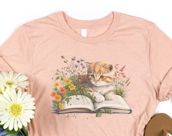 Floral Cat Shirt, Cat Lover Shirt, Cat Book Shirt, Cat Lover Gift, Gift for Her, Cat Mom Shirt Gift, Cute Cat Shirts, Cute Book Cat