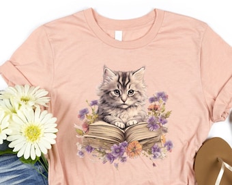 Floral Cat Shirt, Cat Lover Shirt, Cat Book Shirt, Cat Lover Gift, Gift for Her, Cat Mom Shirt Gift, Cute Cat Shirts, Cute Book Cat tshirt