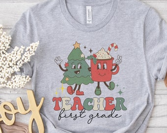 First Grade Teacher Christmas Shirts, 1st grade teacher tee, Elementary Teacher Retro Vintage New Teacher Christmas shirt for school