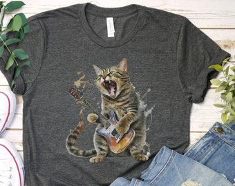 Cat playing guitar shirt | mens cat playing guitar tshirt | music tee | mens graphic t shirts, cat lover shirt, musician band shirt gift