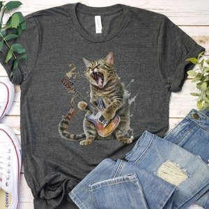 Cat playing guitar shirt | mens cat playing guitar tshirt | music tee | mens graphic t shirts, cat lover shirt, musician band shirt gift