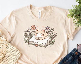 Floral Cat Shirt, Cat Lover Shirt, Cat Book Shirt, Cat Lover Gift, Gift for Her, Cat Mom Shirt Gift, Cute Cat Shirts, Cute Book Cat