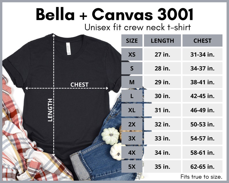 May include: A black Bella + Canvas 3001 unisex crew neck t-shirt with size chart showing measurements in inches for chest and length.