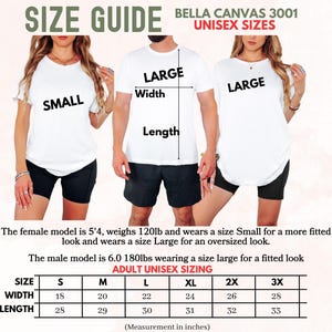 The image is a size guide for a clothing item, specifically a t-shirt, with three different sizes labeled on the t-shirts.