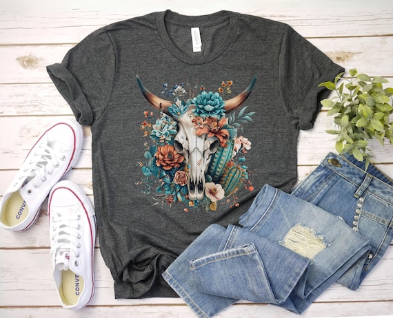 Boho Cow Skull Shirt, Country shirt, west Shirt, Western Graphic Tee, Cowgirl Shirt, Bull Skull Shirt, Southwest Shirt Western Clothing