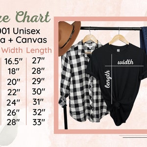 Peut inclure: Tableau des tailles pour t-shirts unisexes des tailles XS &agrave; 3XL. Le tableau indique les mesures de largeur et de longueur en pouces pour chaque taille. Le tableau est intitul&eacute; "3001 Unisex Bella + Canvas".