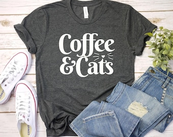 Camiseta de café y gatos Camiseta de gatos y café - Lindo regalo para mamá gata - Camiseta divertida para amantes del café - Ideal para entusiastas de los gatos