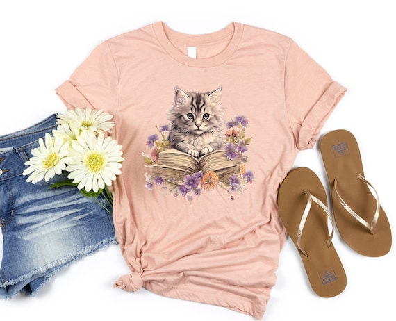 Floral Cat Shirt, Cat Lover Shirt, Cat Book Shirt, Cat Lover Gift, Gift for Her, Cat Mom Shirt Gift, Cute Cat Shirts, Cute Book Cat tshirt