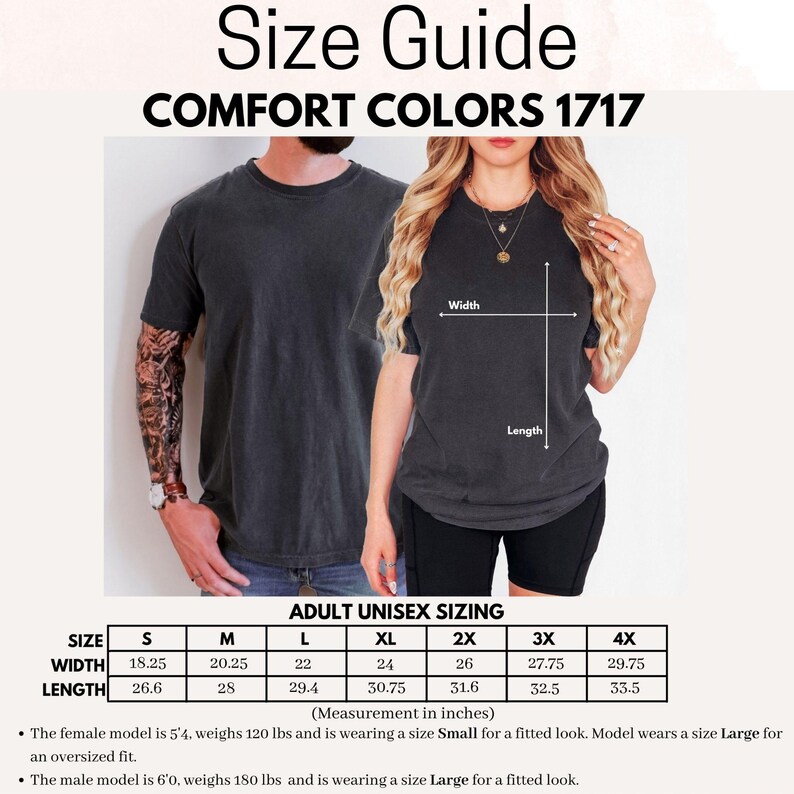Comfort Colors 1717 Size Guide, Adult Unisex Sizing, Width and Length Measurements, Perfect Tee Shirt Fit, Available in Multiple Sizes